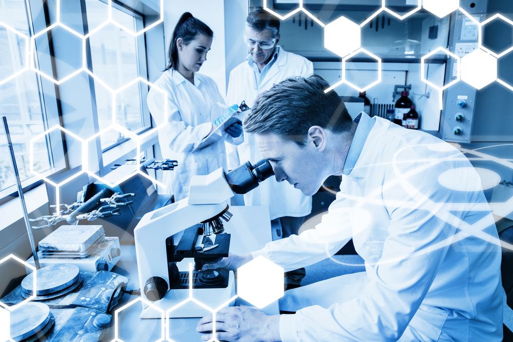 Science graphic against scientist looking through a microscope Science graphic against scientist looking through a microscope